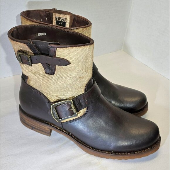 Frye Women's Brown/ Beige Veronica Canvas/Leather Shortie Ankle Boots Size 8B - Picture 4 of 16